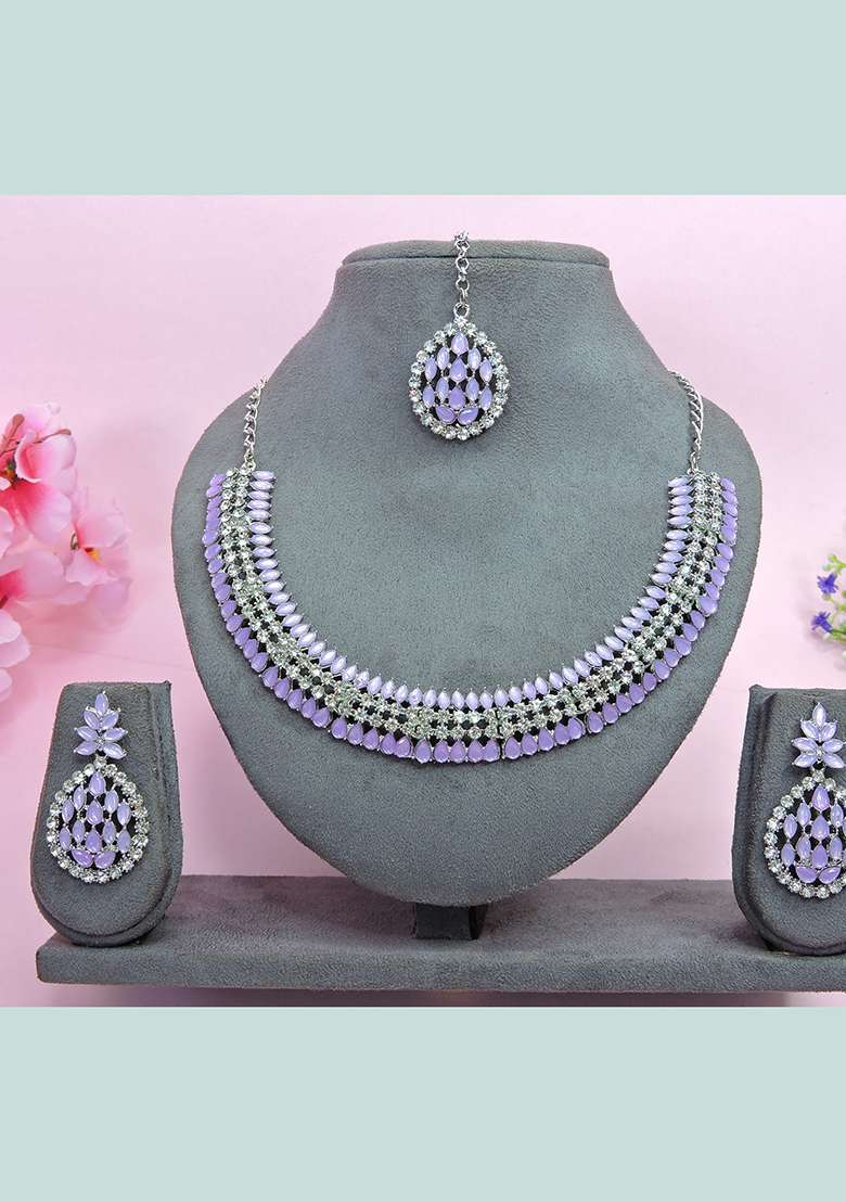 Purple Alloy American Diamonds and Stone Necklace Set - Indya