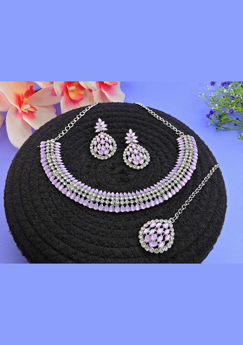Purple Alloy American Diamonds and Stone Necklace Set - Indya