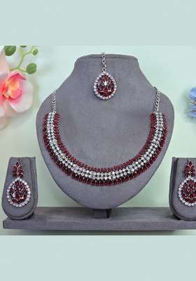 Maroon Alloy American Diamonds and Stone Necklace Set