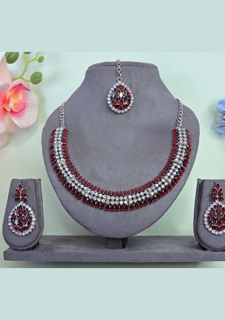 Maroon Alloy American Diamonds and Stone Necklace Set - Indya