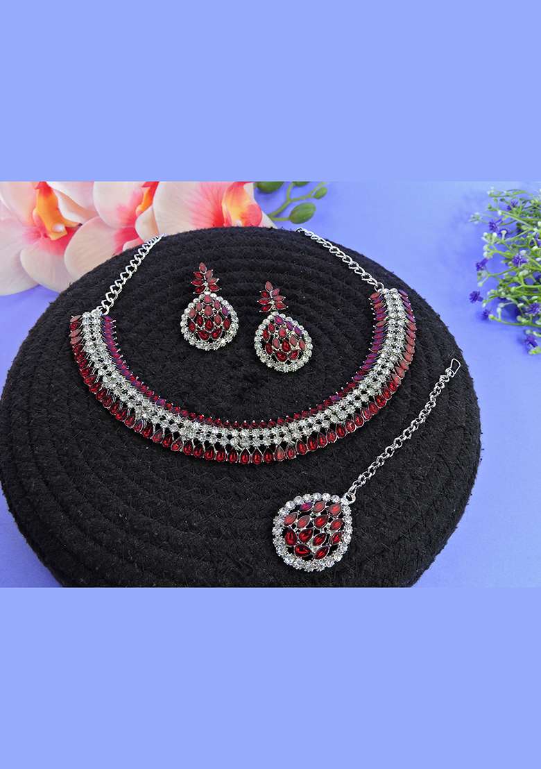 Maroon Alloy American Diamonds and Stone Necklace Set - Indya