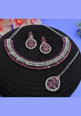 Purple Alloy American Diamonds and Stone Necklace Set