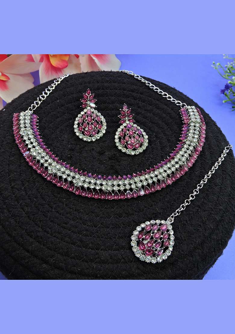Purple Alloy American Diamonds and Stone Necklace Set - Indya