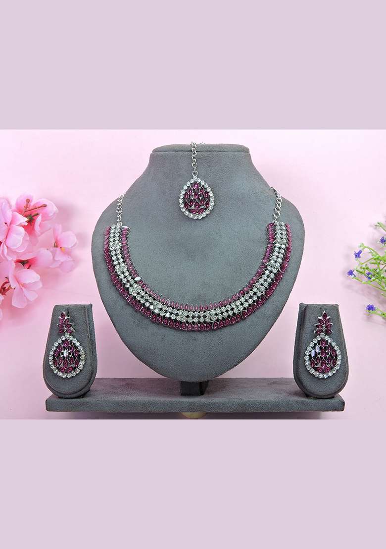 Purple Alloy American Diamonds and Stone Necklace Set - Indya