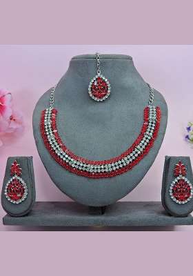 Red Alloy American Diamonds and Stone Necklace Set