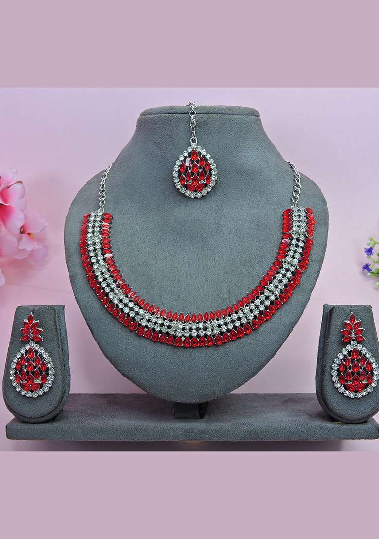 Red Alloy American Diamonds and Stone Necklace Set - Indya