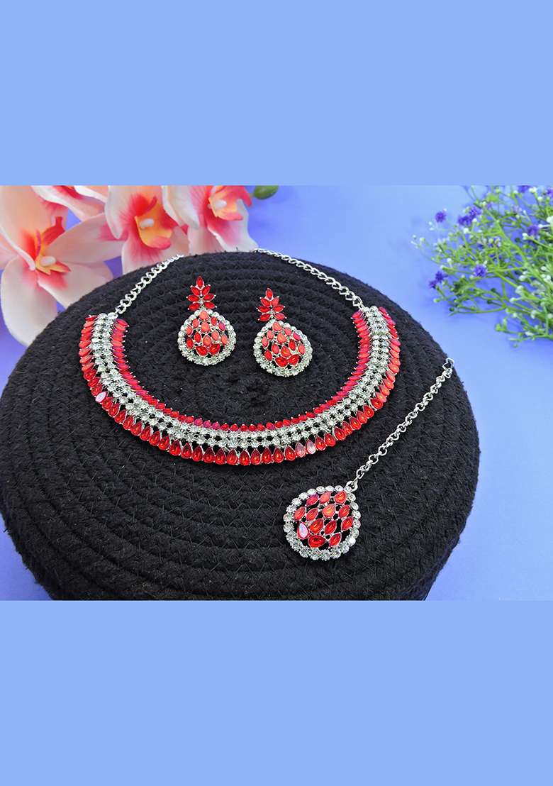 Red Alloy American Diamonds and Stone Necklace Set - Indya