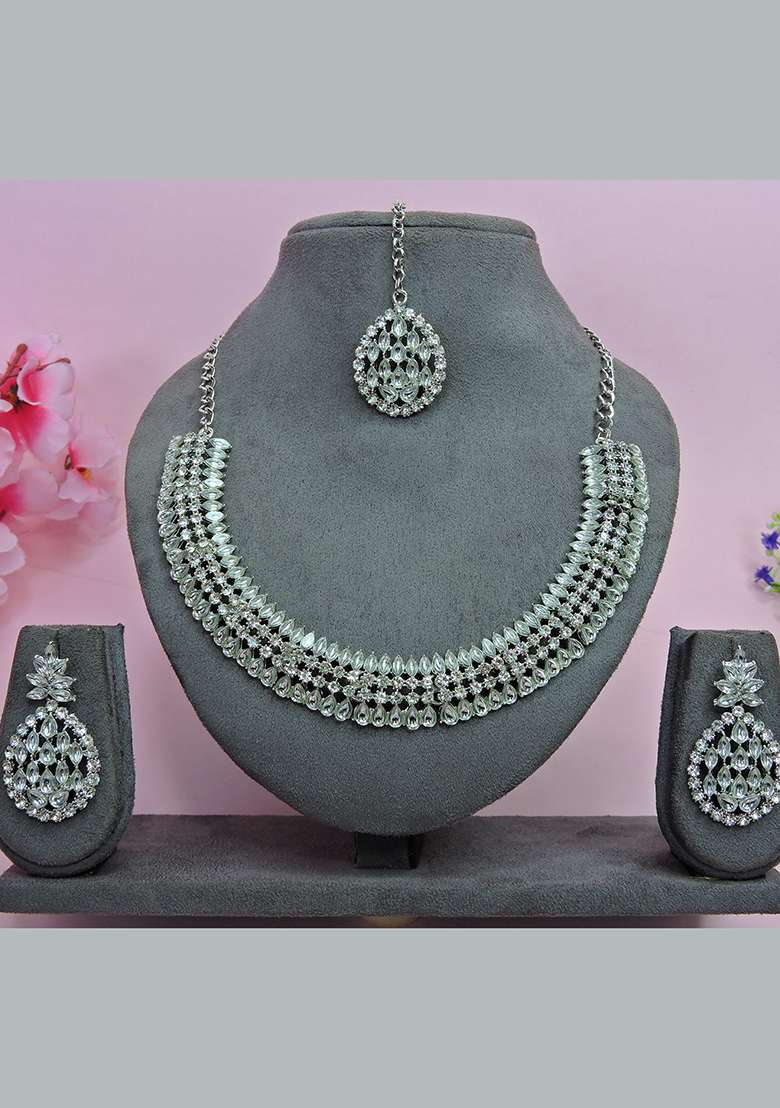 White Alloy American Diamonds and Stone Necklace Set - Indya