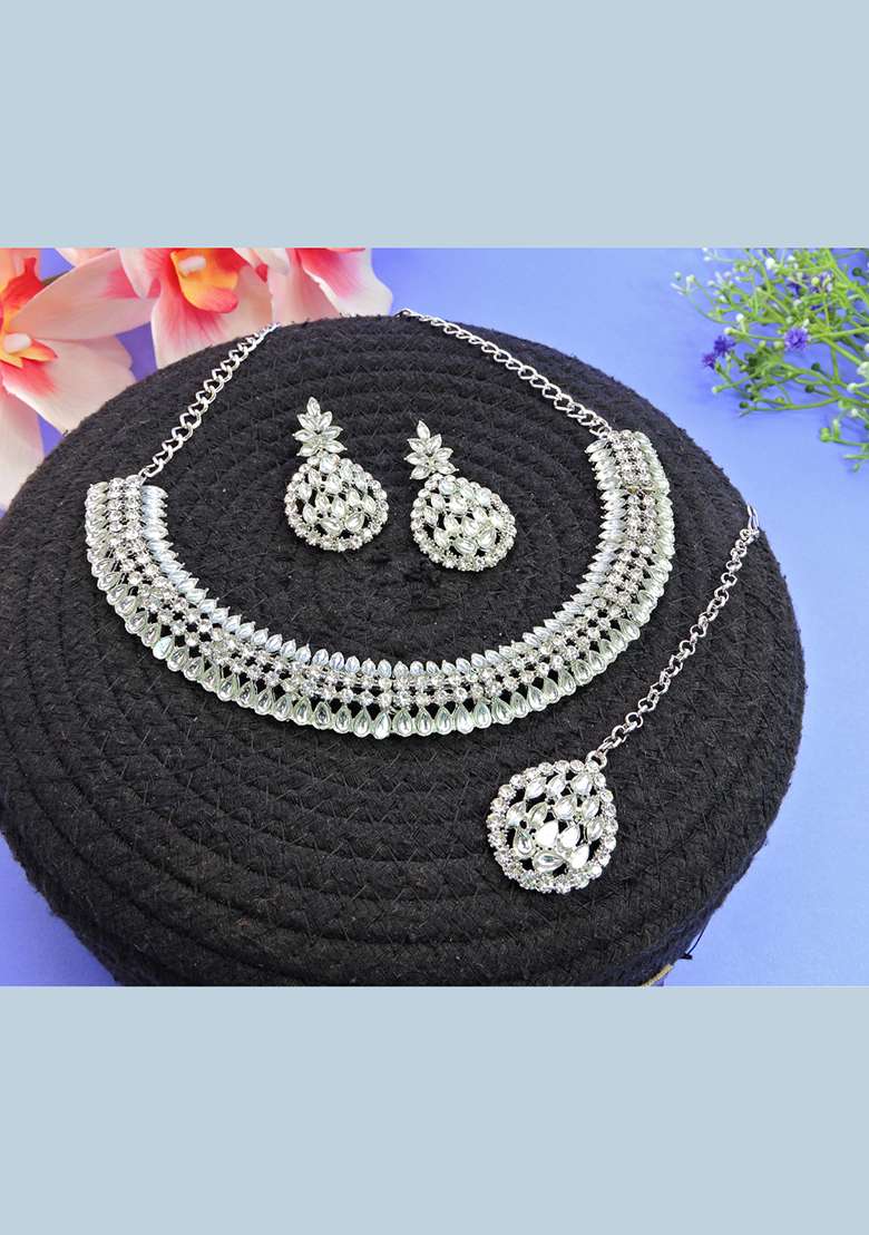 White Alloy American Diamonds and Stone Necklace Set - Indya