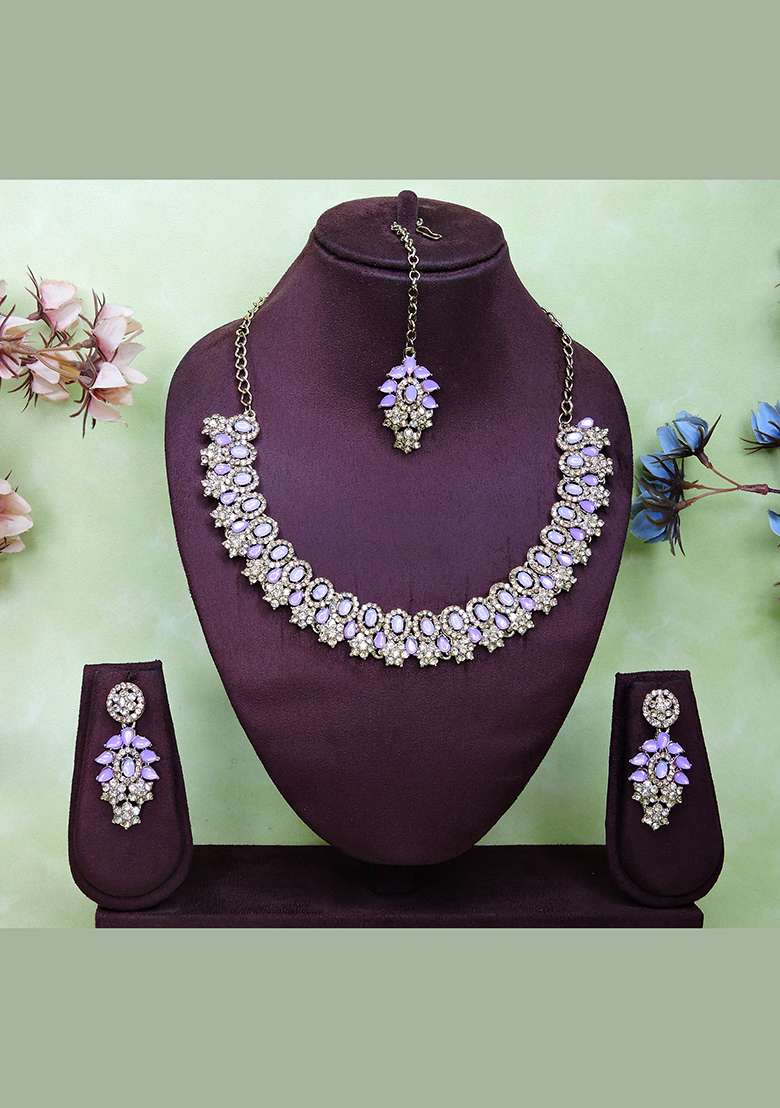 Purple Alloy American Diamonds and Stone Necklace Set - Indya