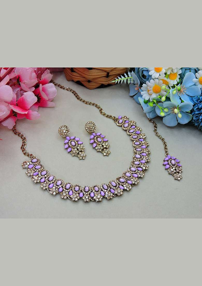 Purple Alloy American Diamonds and Stone Necklace Set - Indya