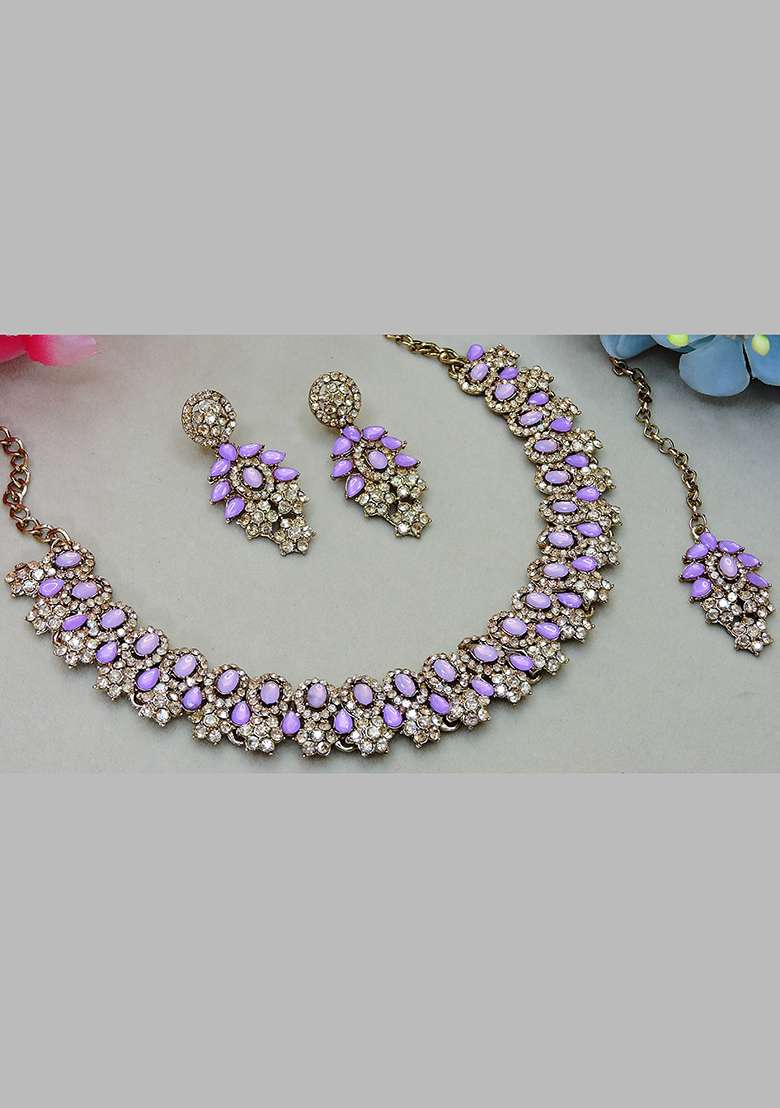 Purple Alloy American Diamonds and Stone Necklace Set - Indya