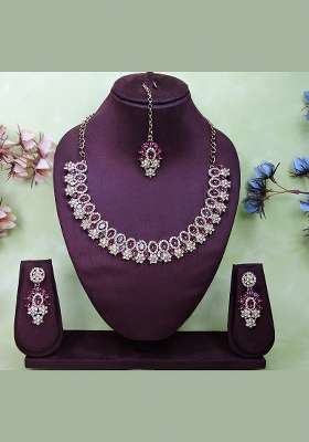 Purple Alloy American Diamonds and Stone Necklace Set