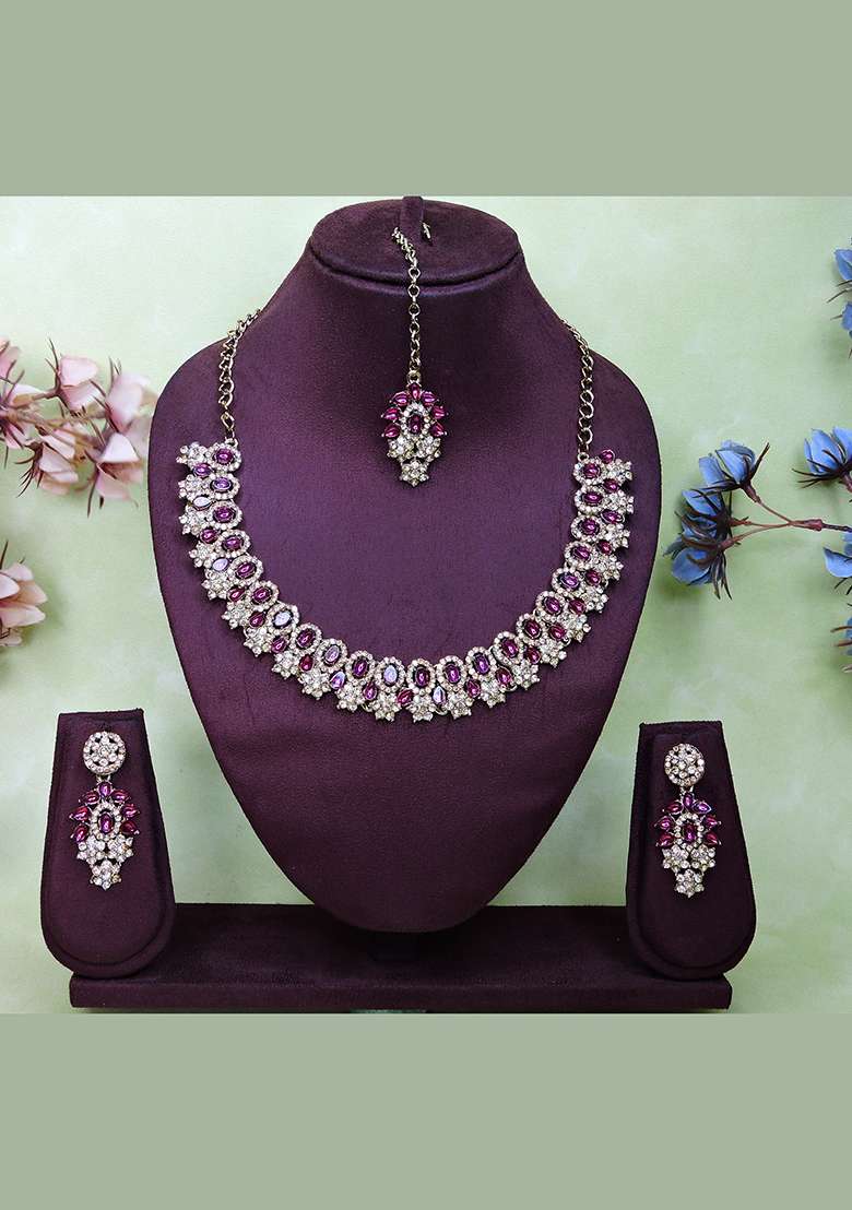 Purple Alloy American Diamonds and Stone Necklace Set - Indya