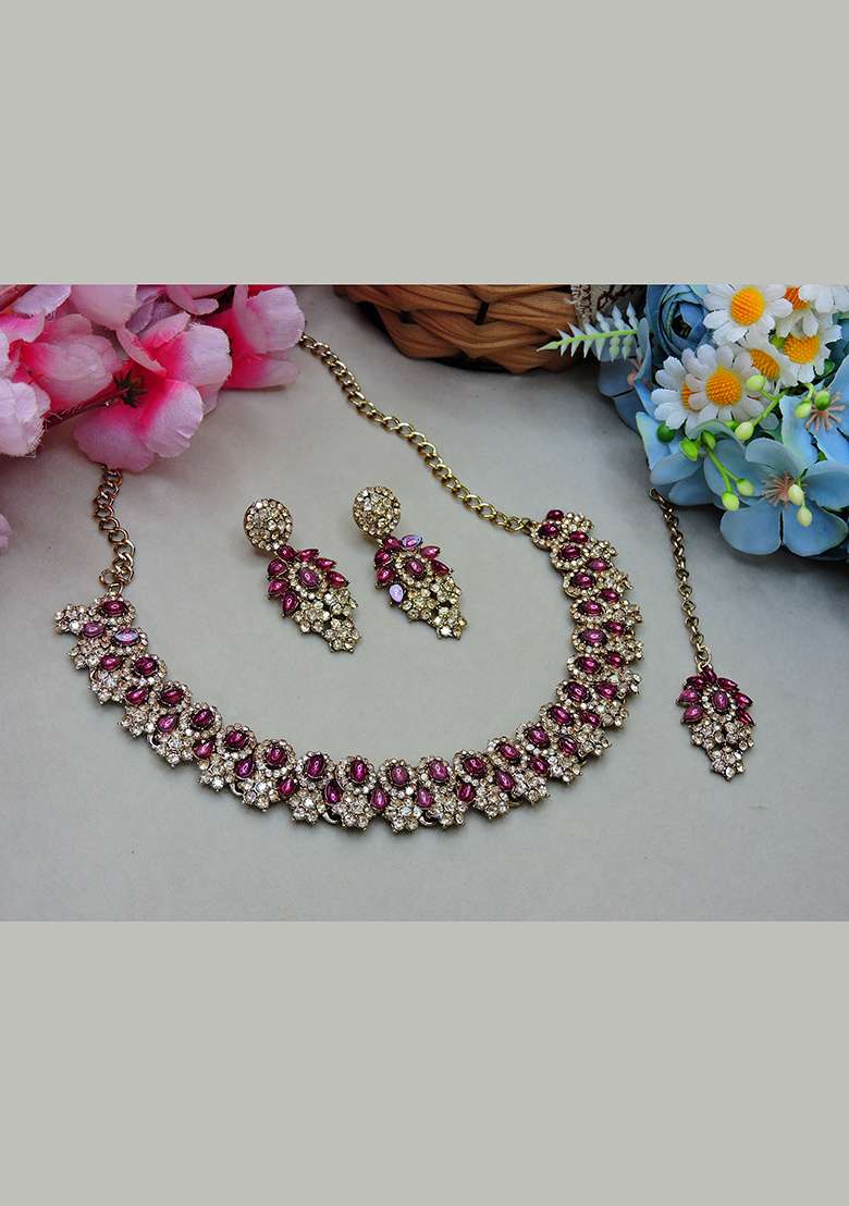 Purple Alloy American Diamonds and Stone Necklace Set - Indya