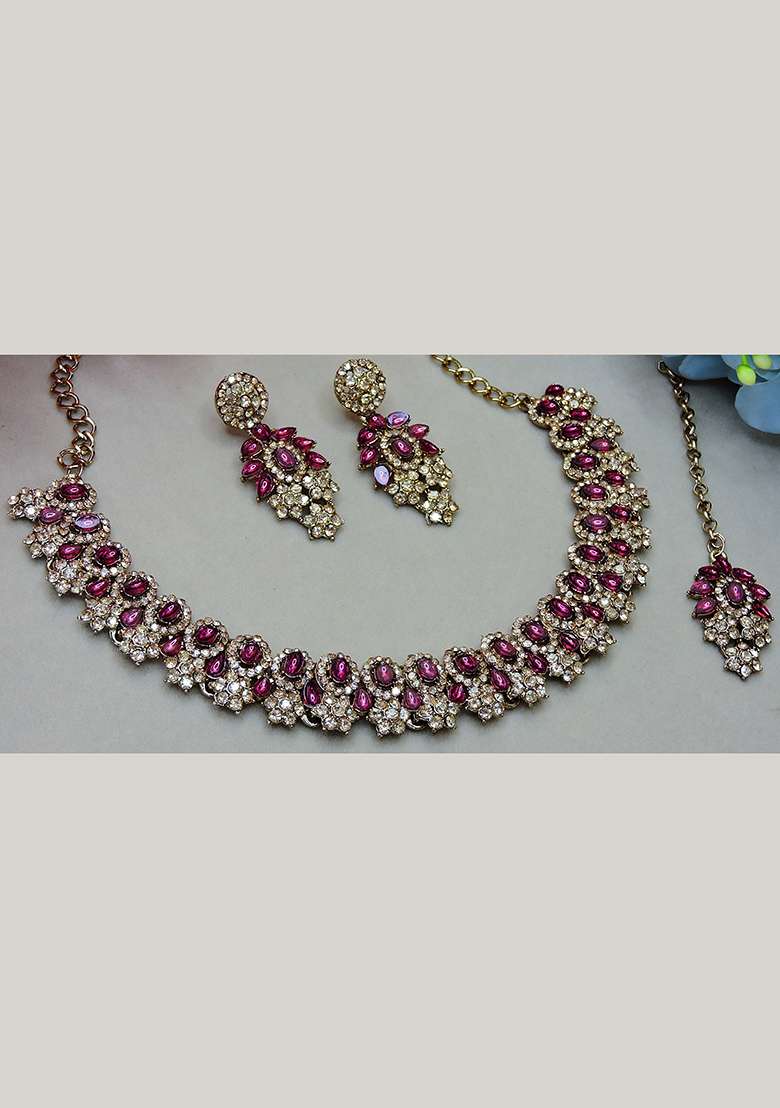 Purple Alloy American Diamonds and Stone Necklace Set - Indya