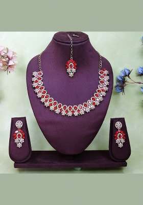Red Alloy American Diamonds and Stone Necklace Set