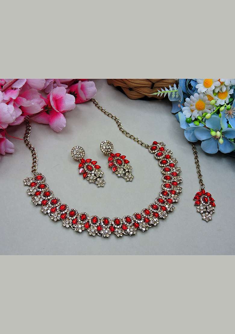 Red Alloy American Diamonds and Stone Necklace Set - Indya
