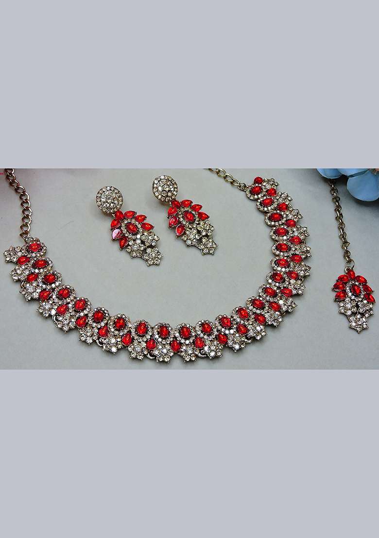 Red Alloy American Diamonds and Stone Necklace Set - Indya