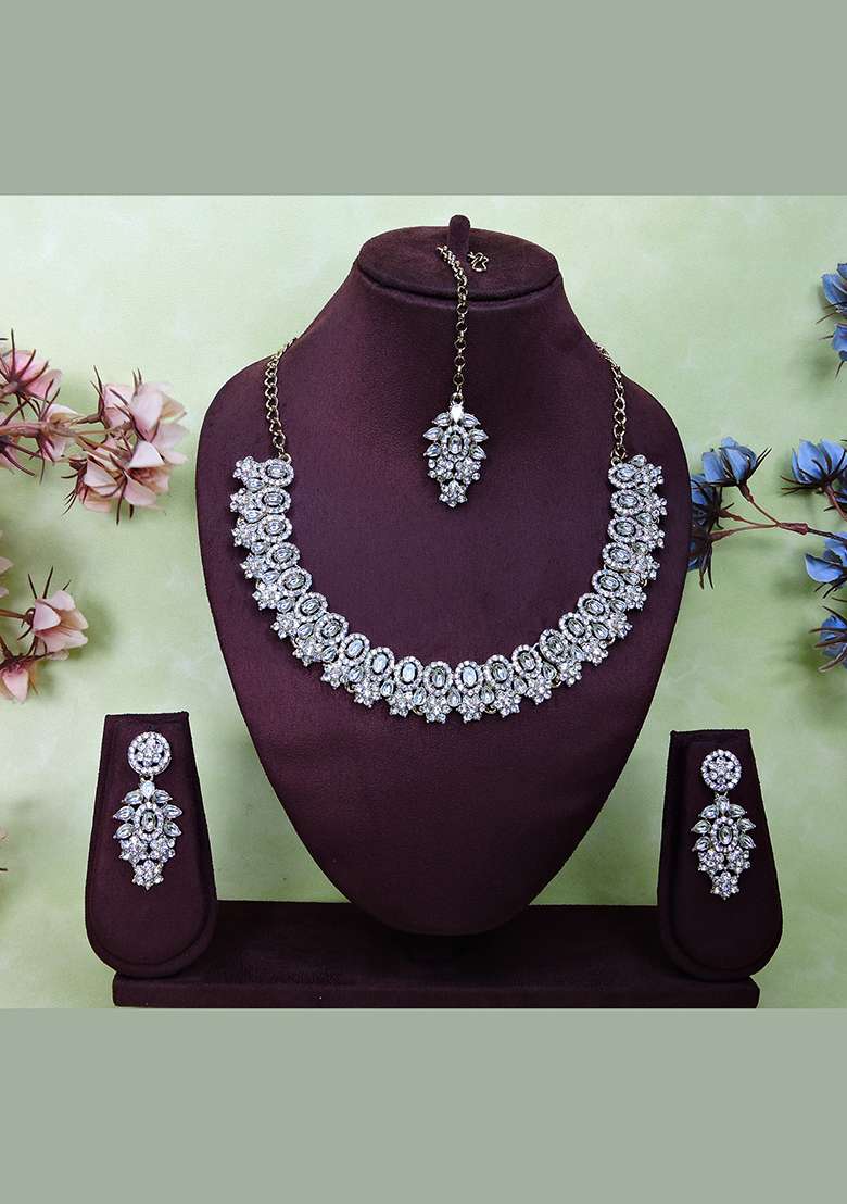 White Alloy American Diamonds and Stone Necklace Set - Indya