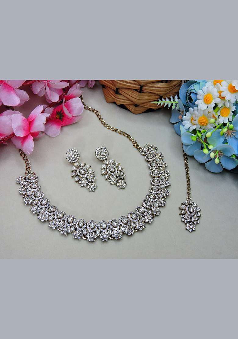 White Alloy American Diamonds and Stone Necklace Set - Indya