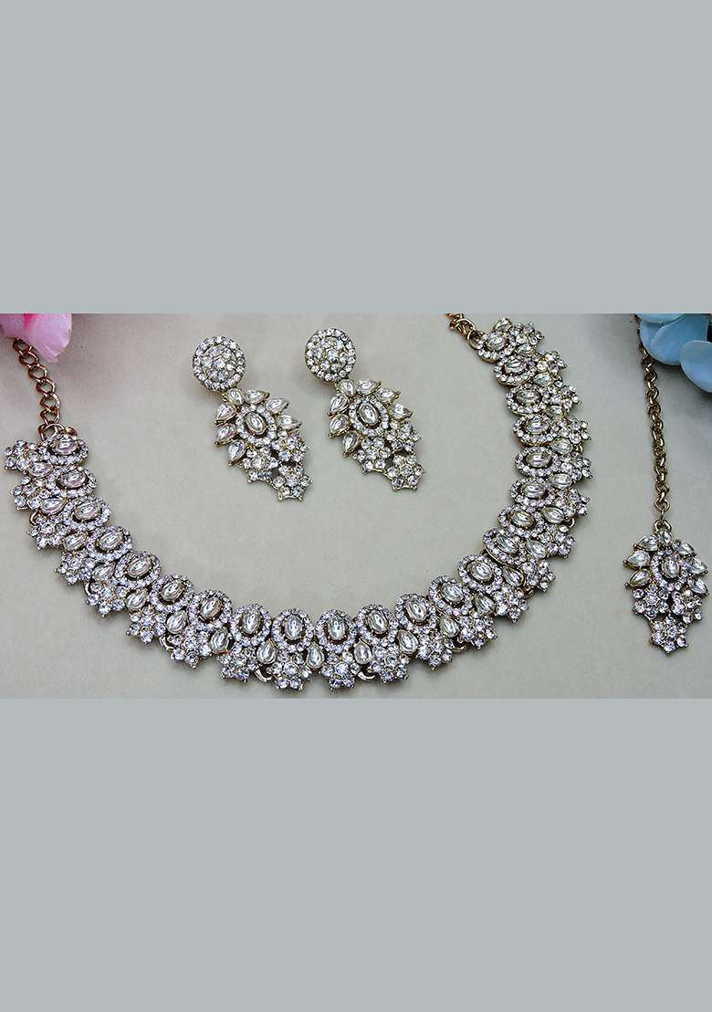 White Alloy American Diamonds and Stone Necklace Set - Indya