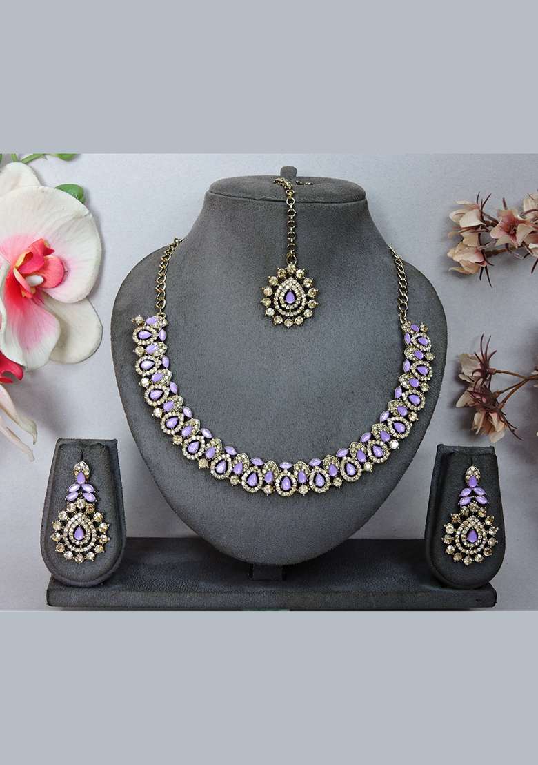 Purple Alloy American Diamonds and Stone Necklace Set - Indya