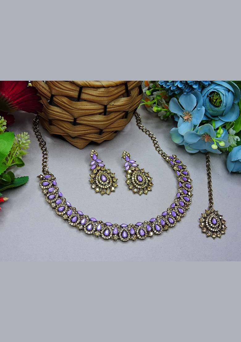 Purple Alloy American Diamonds and Stone Necklace Set - Indya