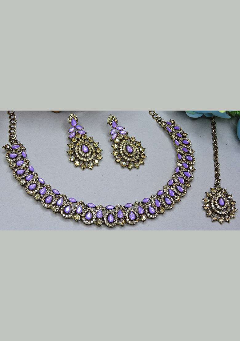 Purple Alloy American Diamonds and Stone Necklace Set - Indya
