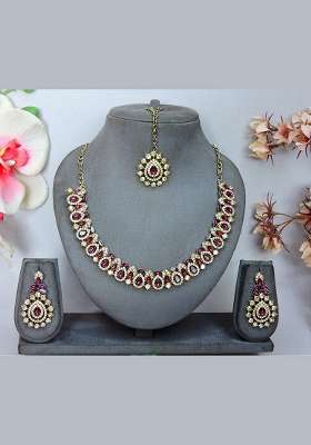 Purple Alloy American Diamonds and Stone Necklace Set