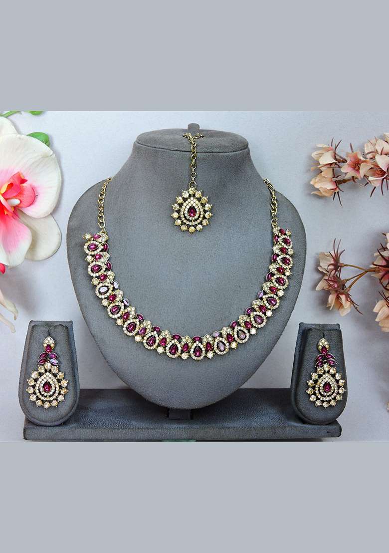Purple Alloy American Diamonds and Stone Necklace Set - Indya