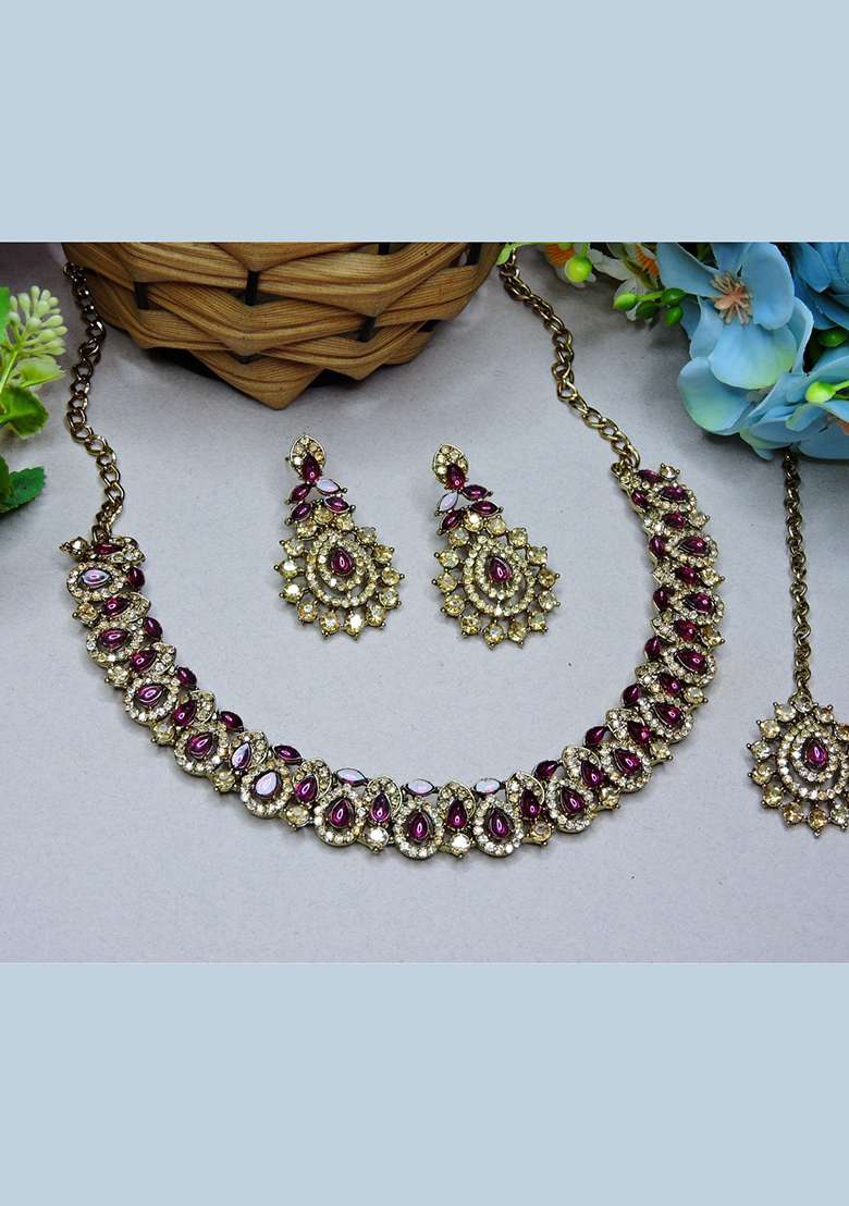 Purple Alloy American Diamonds and Stone Necklace Set - Indya
