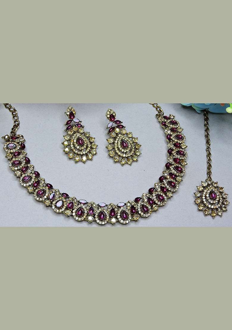 Purple Alloy American Diamonds and Stone Necklace Set - Indya