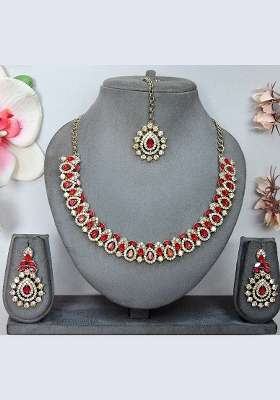 Red Alloy American Diamonds and Stone Necklace Set
