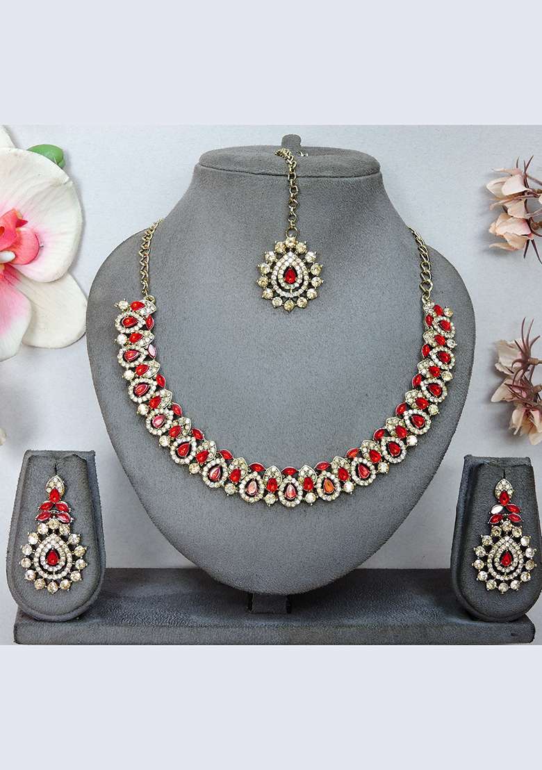 Red Alloy American Diamonds and Stone Necklace Set - Indya