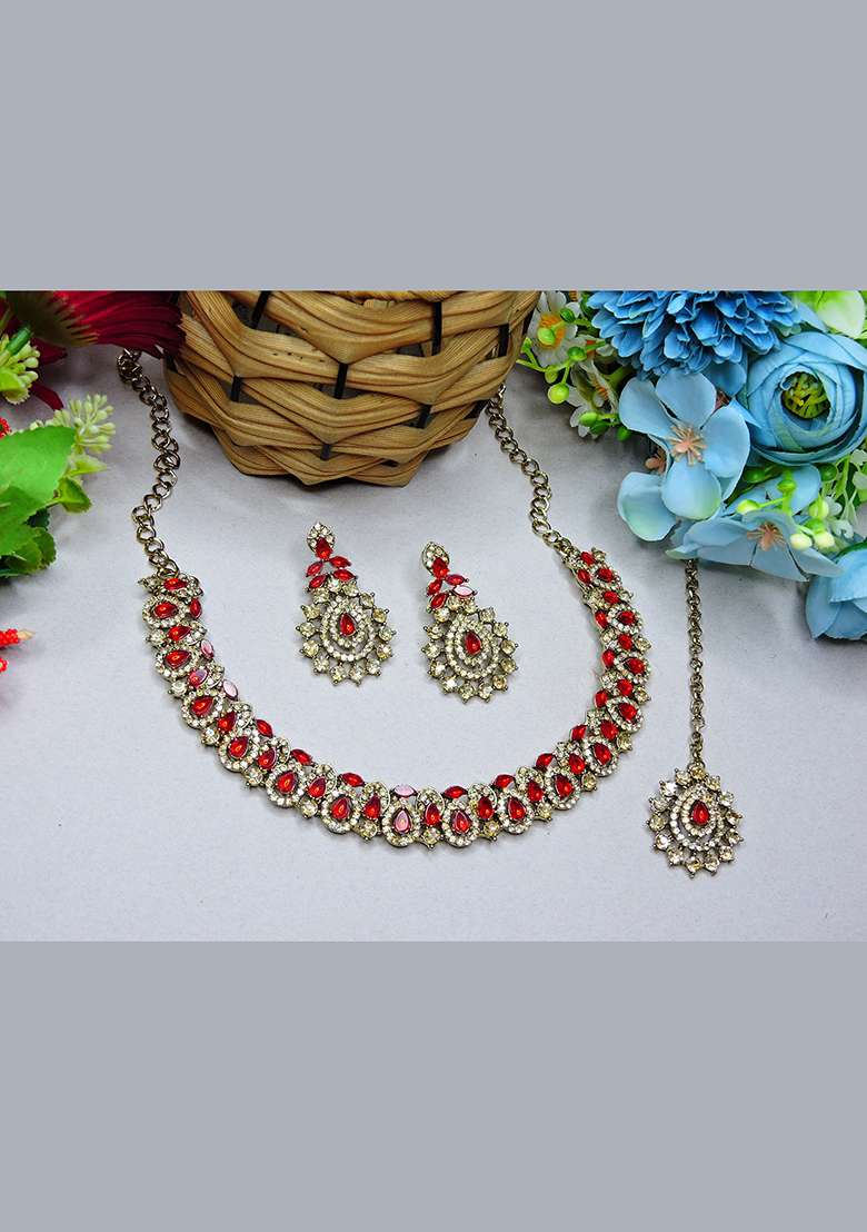 Red Alloy American Diamonds and Stone Necklace Set - Indya