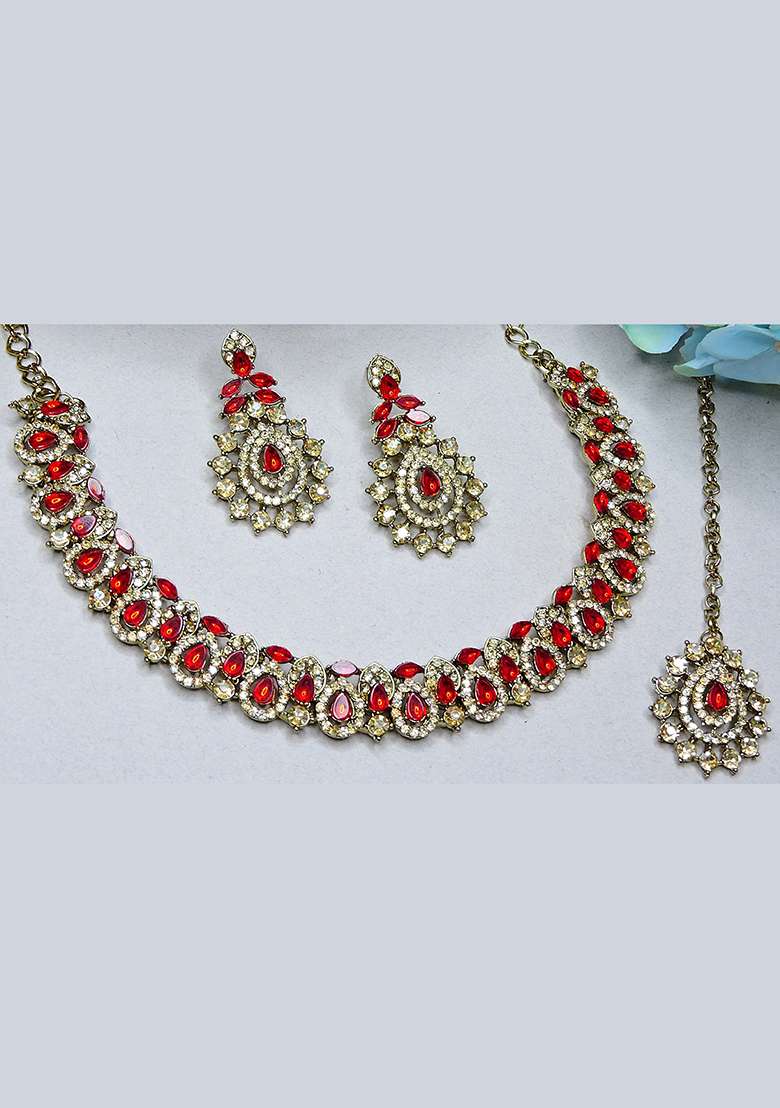 Red Alloy American Diamonds and Stone Necklace Set - Indya