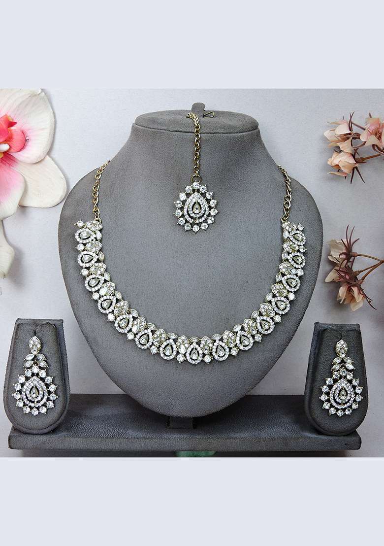 White Alloy American Diamonds and Stone Necklace Set - Indya