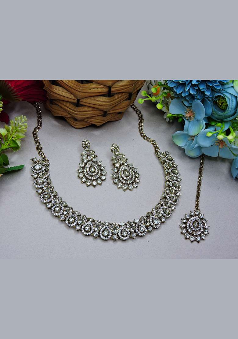 White Alloy American Diamonds and Stone Necklace Set - Indya