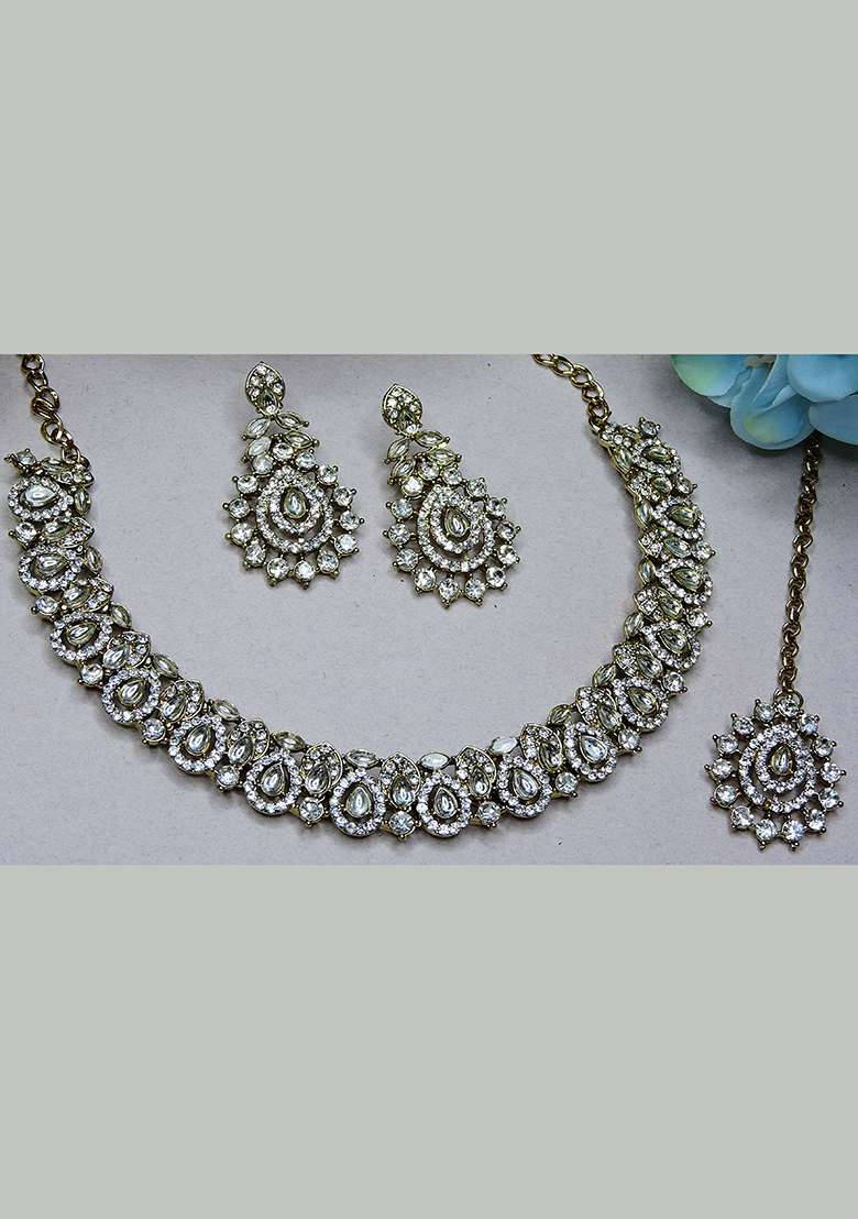 White Alloy American Diamonds and Stone Necklace Set - Indya