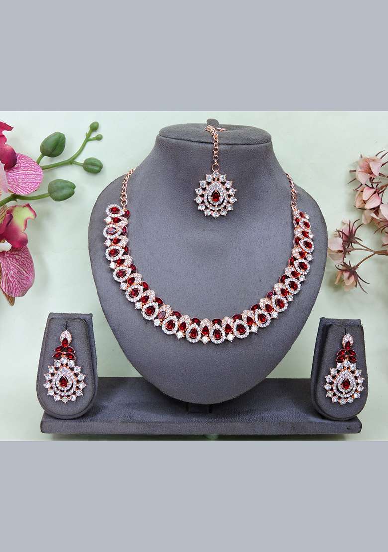 Maroon Alloy American Diamonds and Stone Necklace Set - Indya