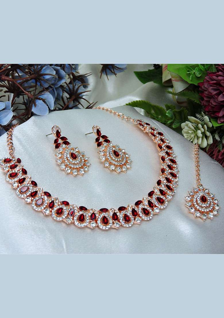 Maroon Alloy American Diamonds and Stone Necklace Set - Indya
