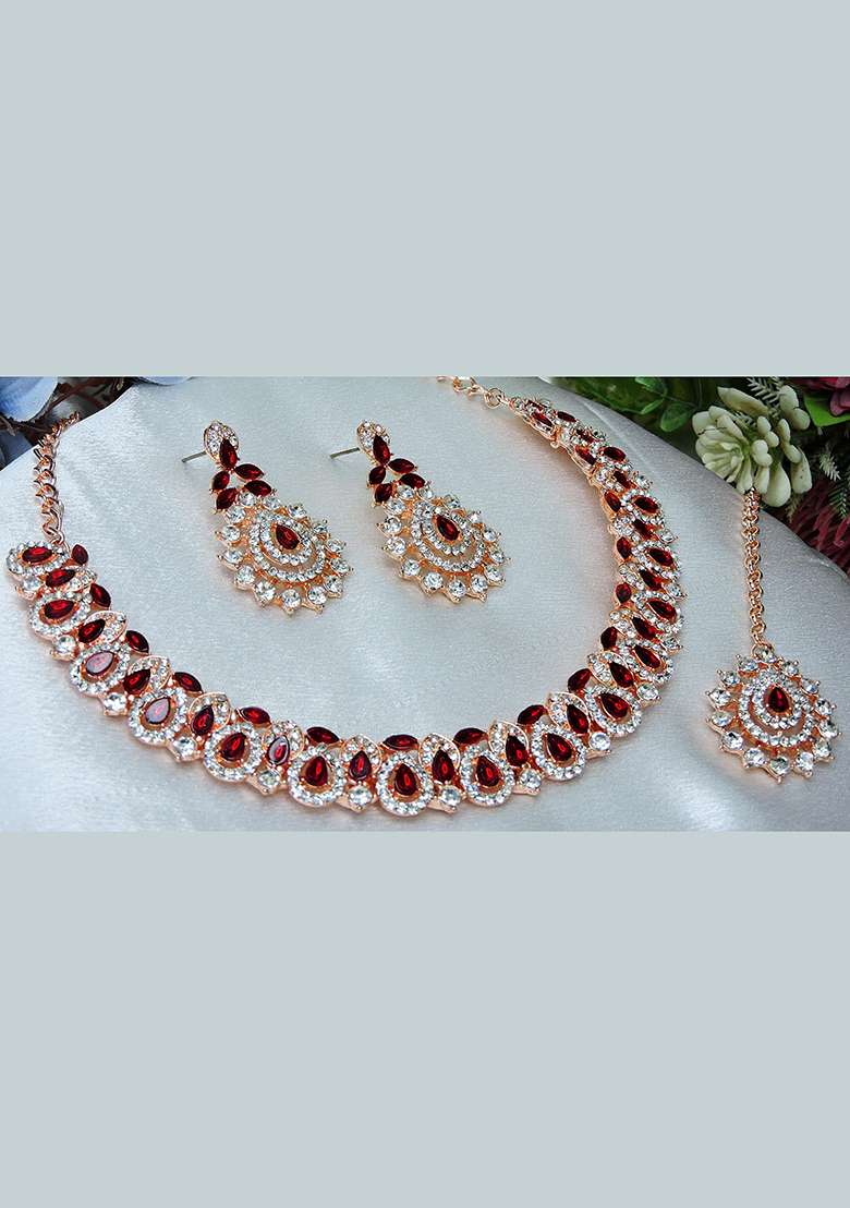 Maroon Alloy American Diamonds and Stone Necklace Set - Indya