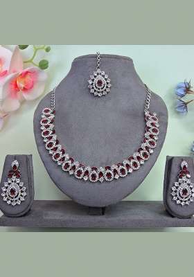 Maroon Alloy American Diamonds and Stone Necklace Set