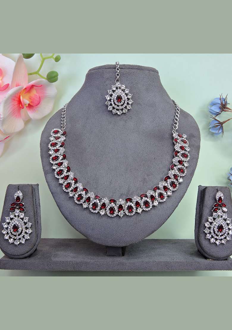 Maroon Alloy American Diamonds and Stone Necklace Set - Indya