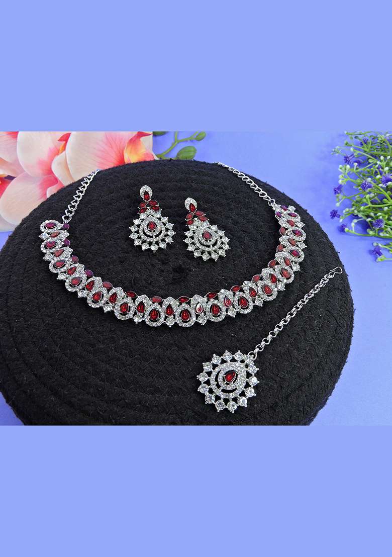 Maroon Alloy American Diamonds and Stone Necklace Set - Indya