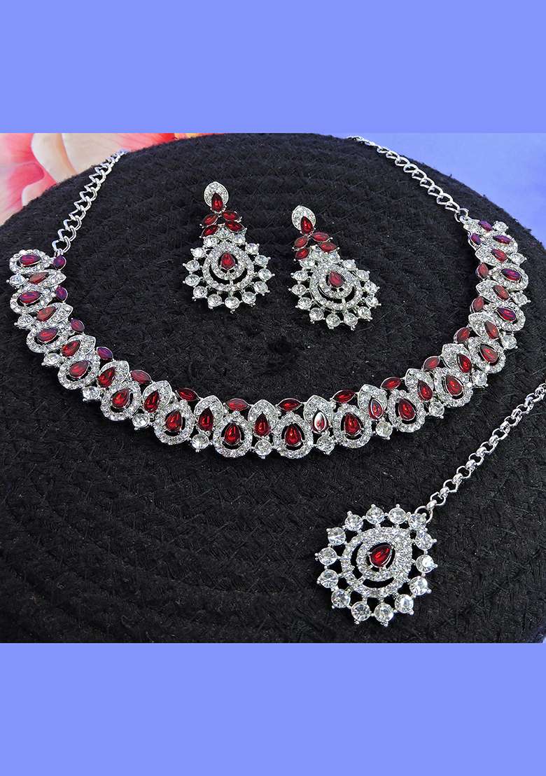 Maroon Alloy American Diamonds and Stone Necklace Set - Indya