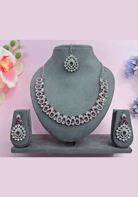 Purple Alloy American Diamonds and Stone Necklace Set