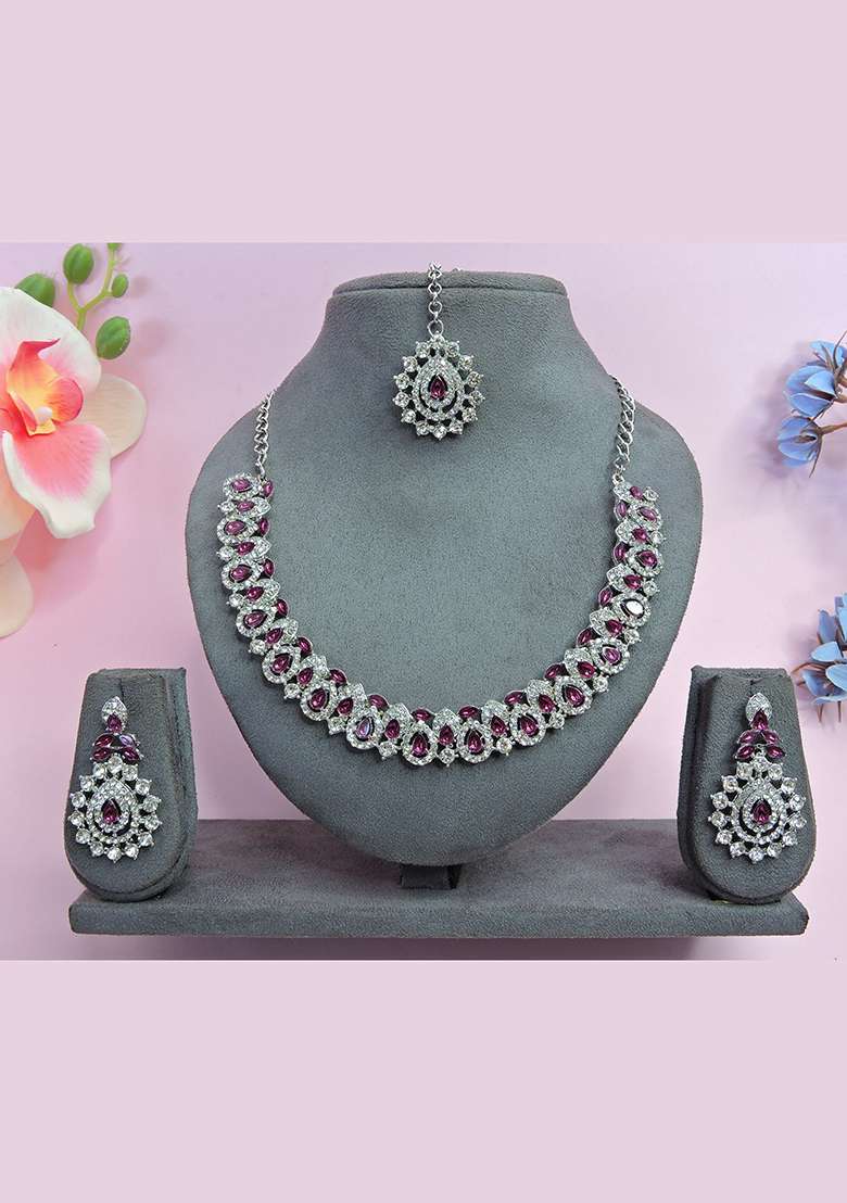 Purple Alloy American Diamonds and Stone Necklace Set - Indya