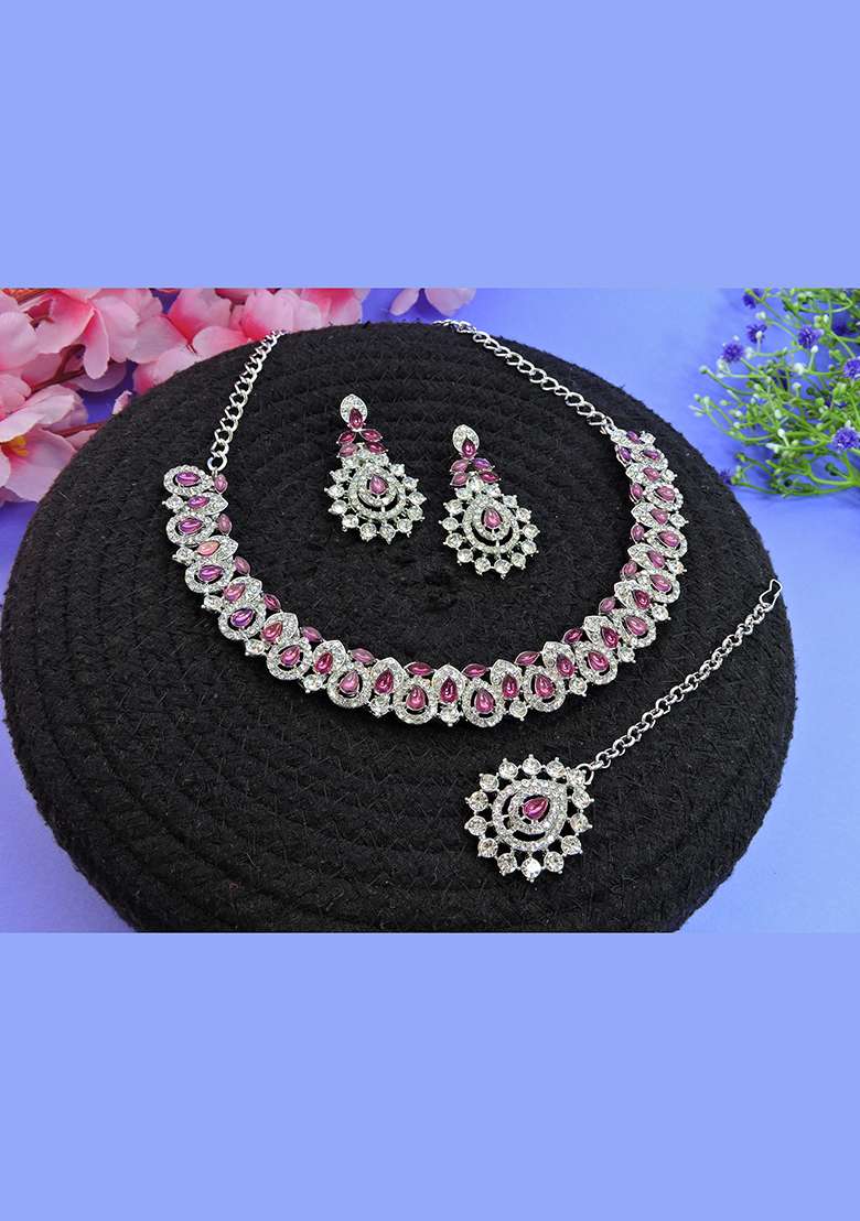 Purple Alloy American Diamonds and Stone Necklace Set - Indya